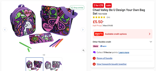 Screenshot showing Chad Valley Be U Design Your Own Bag Set for £5.50 at Argos