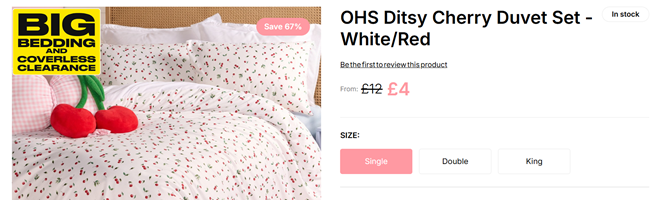 Screenshot showing Ditsy Cherry Duvet Set at Online Home Shop