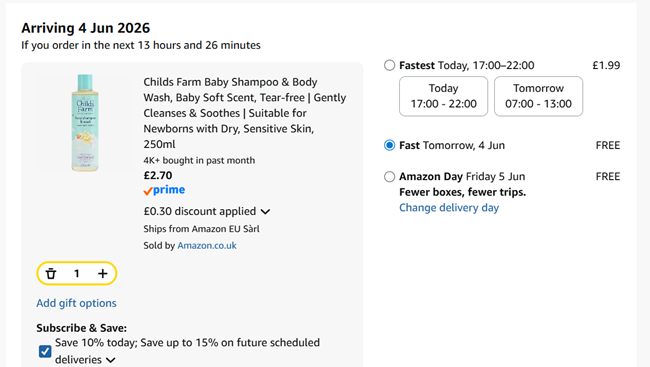 Screenshot showing Childs Farm Baby Shampoo & Body Wash 250ml for £2.70 at Tesco