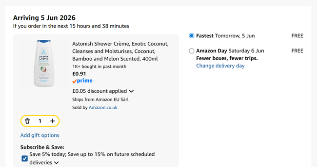 Screenshot showing Astonish Shower Crème, Moisturising Exotic Coconut, 400ml for 91p at Amazon