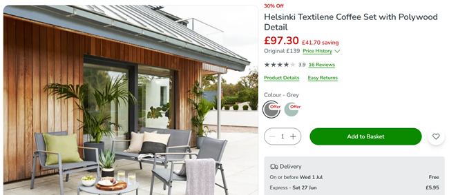 Screenshot showing Helsinki Textilene Coffee Set with Polywood Detail for £97.30 at Dunelm