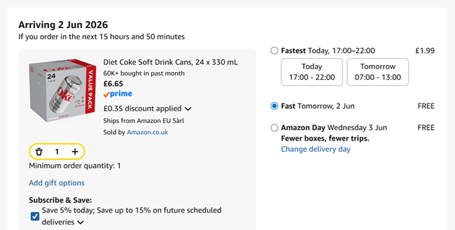 Screenshot showing Diet Coke Cans 24 x 330 ml for £6.65 at Amazon