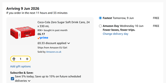 Screenshot showing Coca-Cola Zero Sugar Soft Drink Cans, 24 x 330 ml for £6.17 at Amazon