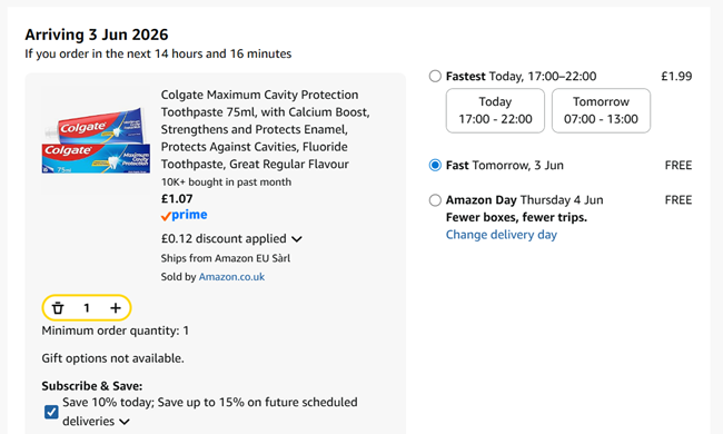Screenshot showing Colgate Maximum Cavity Protection Toothpaste 75ml for £1.07 at Amazon