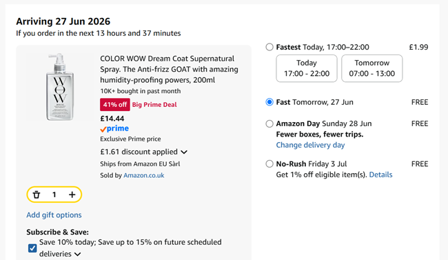 Screenshot showing COLOR WOW Dream Coat Supernatural Spray 200ml for £14.44 at Amazon