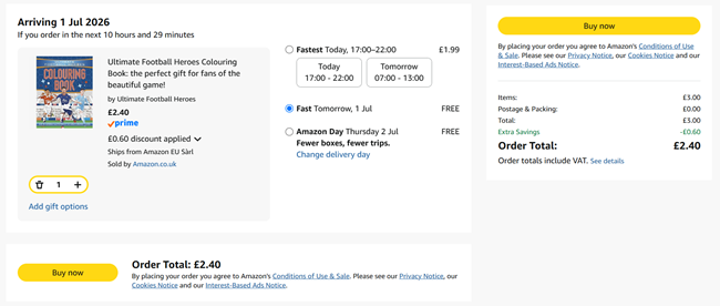 Screenshot showing Ultimate Football Heroes Colouring Book for £2.40 at Amazon
