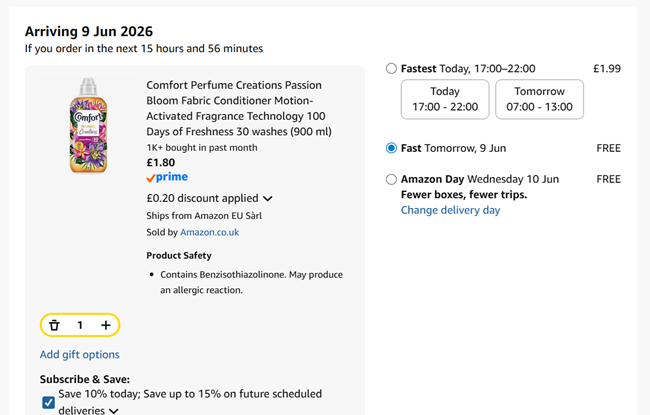 Screenshot showing Comfort Perfume Creations Passion Bloom Fabric Conditioner 30 washes (900 ml) for £1.80 at Amazon
