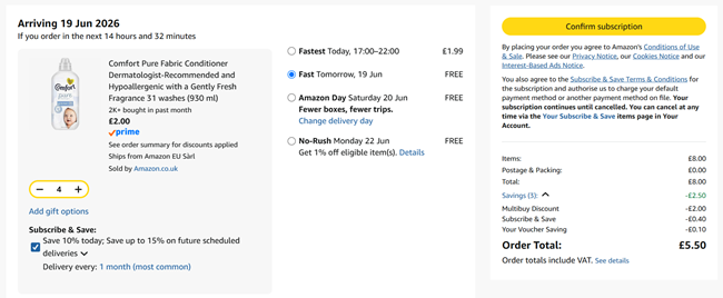 Screenshot showing Comfort Pure Fabric Conditioner 31 Washes x 4 for £5.50 at Amazon