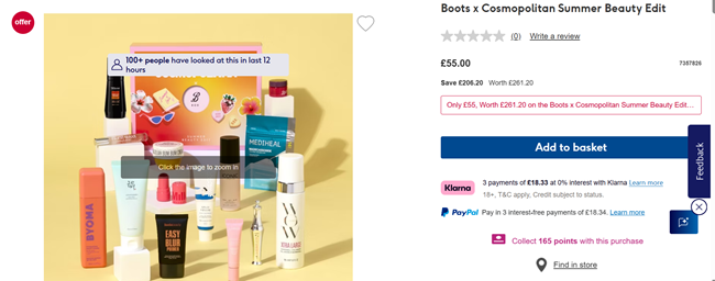 Screenshot showing Boots x Cosmopolitan Summer Beauty Edit for £55 at Boots