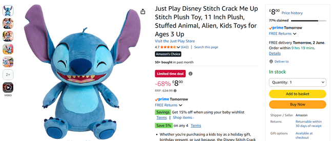 Screenshot showing Disney Stitch Crack Me Up Stitch Interactive Plush Toy for £8 at Amazon