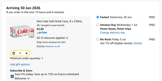 Screenshot showing Diet Coke Soft Drink Cans, 8 x 330ml for £2.85 at Amazon