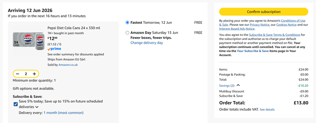 Screenshot showing Diet Pepsi 24 x 330ml Cans 2 for £13.80 at Amazon