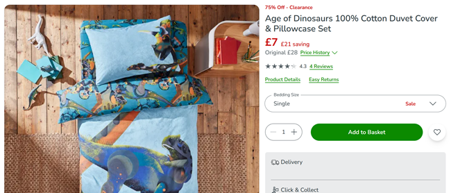 Screenshot showing Age of Dinosaurs 100% Cotton Duvet Cover & Pillowcase Set Single for £7 at Dunelm