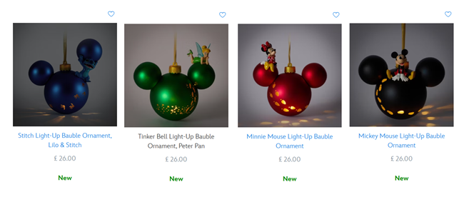 Screenshot showing Disney Light-Up Bauble Ornaments at Disney Store