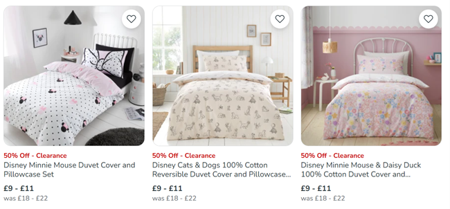Screenshot showing 50% off selected Disney bedding at Dunelm