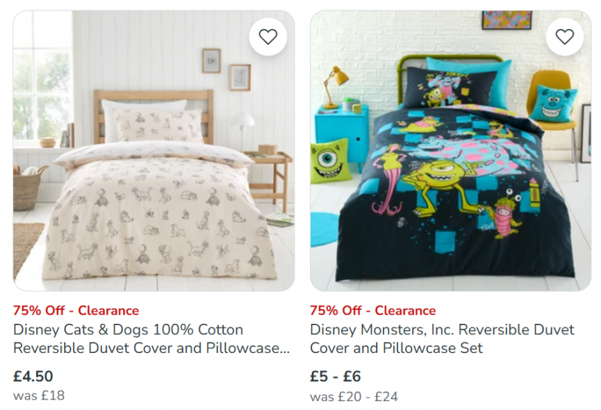 Screenshot showing 75% Off Selected Disney Bedding at Dunelm