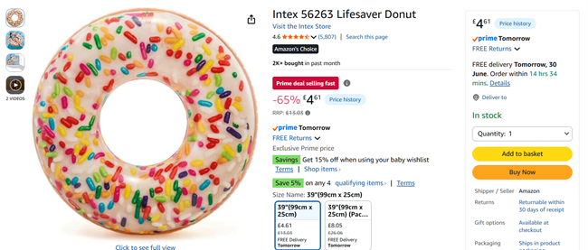 Screenshot showing Intex Rainbow Sprinkle Donut Tube Swim Ring for £4.61 at Amazon