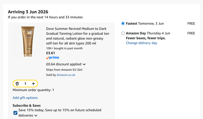 Screenshot showing Dove Summer Revived Gradual Tanning Lotion 200ml for £3.61 at Amazon