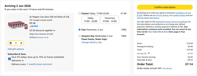 Screenshot showing Dr Pepper Zero 330ml Can Pack of 24 for £7.14 at Amazon
