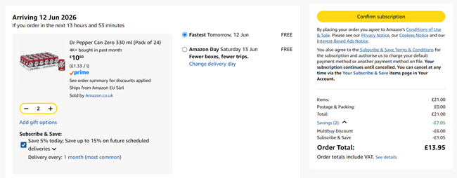 Screenshot showing Dr Pepper Zero Sugar 24 x 330ml Cans, 2 Packs for £13.95 at Amazon