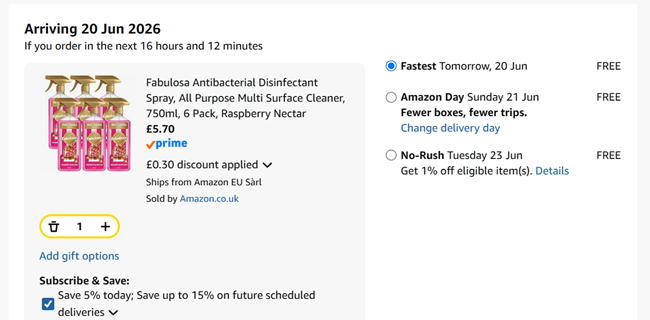 Screenshot showing Fabulosa Raspberry Nectar All Purpose Multi Surface Cleaner, 750ml, 6 Pack for £5.70 at Amazon