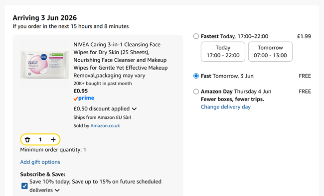 Screenshot showing Nivea Caring 3-in-1 Cleansing Face Wipes for Dry Skin for 95p at Amazon
