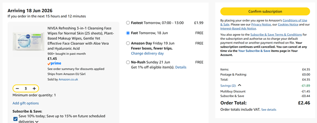 Screenshot showing NIVEA Refreshing 3-in-1 Cleansing Face Wipes 3 Packs for £2.46 at Amazon