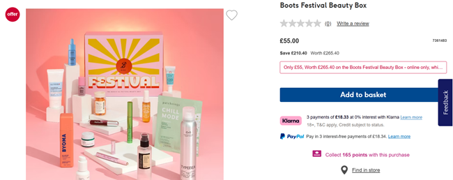 Screenshot showing Boots Festival Beauty Box £55 with free delivery at Boots