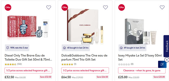 Screenshot showing Half Price On Selected Fragrance Gift Sets offer at Boots