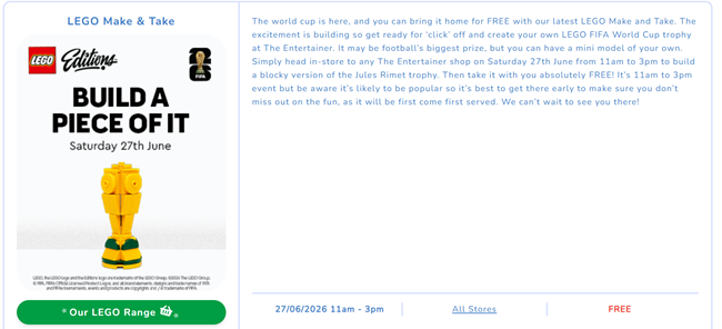 Screenshot showing Free Make and Take LEGO World Cup Trophy at The Entertainer