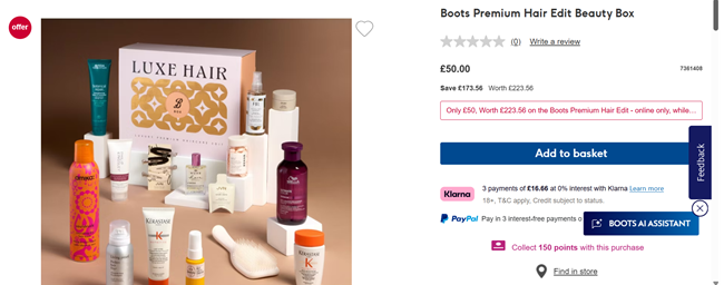 Screenshot showing Boots Premium Hair Edit Beauty Box for £50 at Boots
