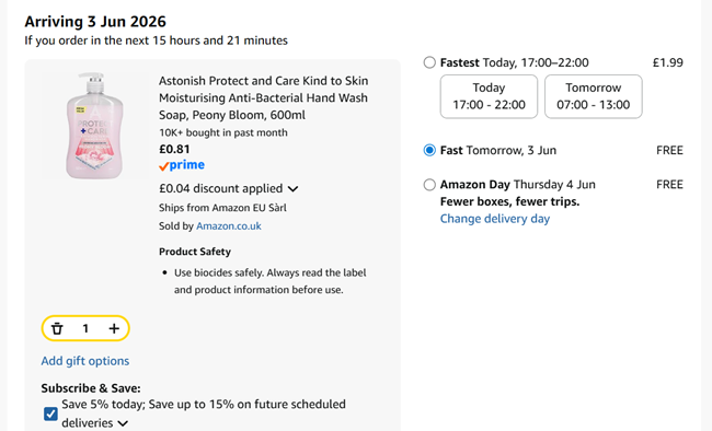 Screenshot showing Astonish Protect and Care Kind to Skin Moisturising Anti-Bacterial Hand Wash Soap, Peony Bloom, 600ml for 81p at Amazon