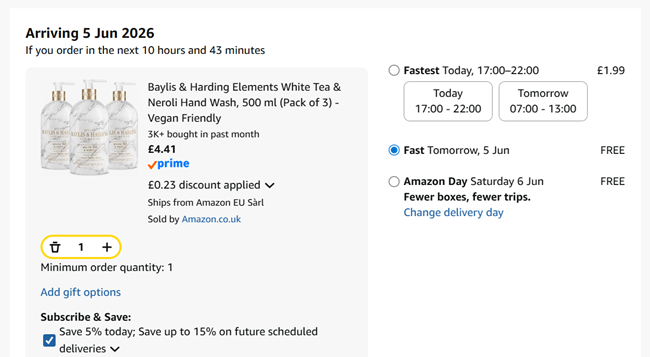 Screenshot showing Baylis & Harding Elements White Tea & Neroli Hand Wash, 500 ml (Pack of 3) for £4.41 at Amazon