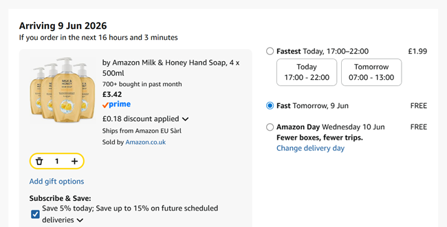 Screenshot showing by Amazon Milk & Honey Hand Soap, 4 x 500ml for £3.42 at Amazon