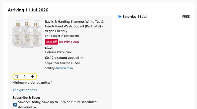 Screenshot showing Baylis & Harding Elements White Tea & Neroli Hand Wash, 500 ml (Pack of 3) for £3.21 at Amazon