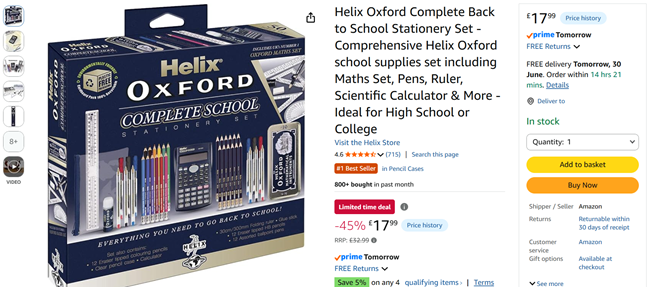 Screenshot showing Helix Oxford Complete Back to School Stationery Set for £17.99 at Amazon