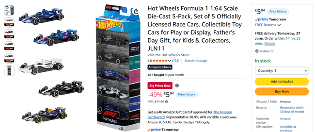 Screenshot showing Hot Wheels Formula 1 Die-Cast 5-Pack for £5.84 at Amazon