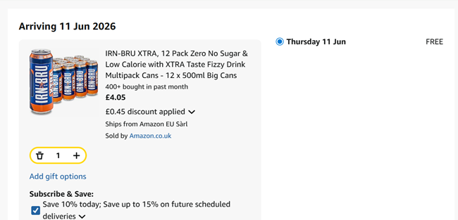Screenshot showing IRN-BRU XTRA, Zero No Sugar, 12 x 500ml Big Cans for £4.05 at Amazon