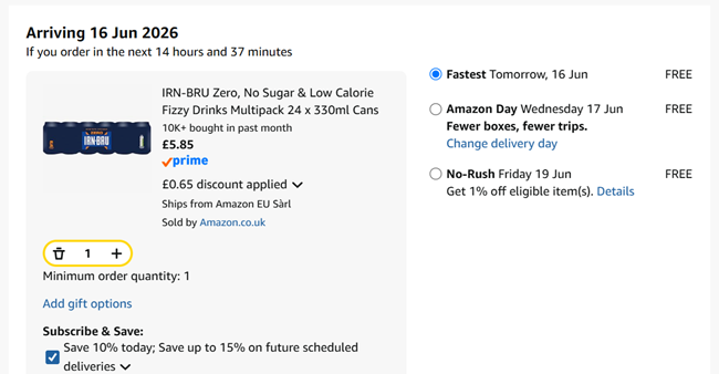 Screenshot showing IRN-BRU Zero No Sugar 24 x 330ml Cans for £5.85 at Amazon