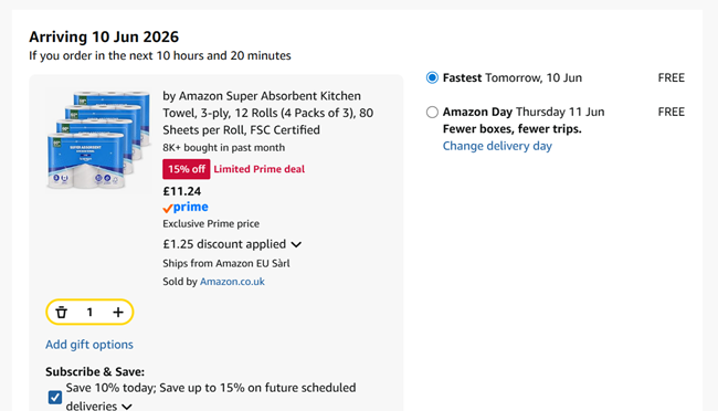 Screenshot showing by Amazon Super Absorbent Kitchen Towel, 3-ply, 12 Rolls for £11.24 at Amazon