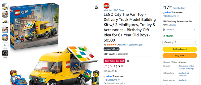 Screenshot showing LEGO City The LEGO Van 60500 for £17.09 at Amazon