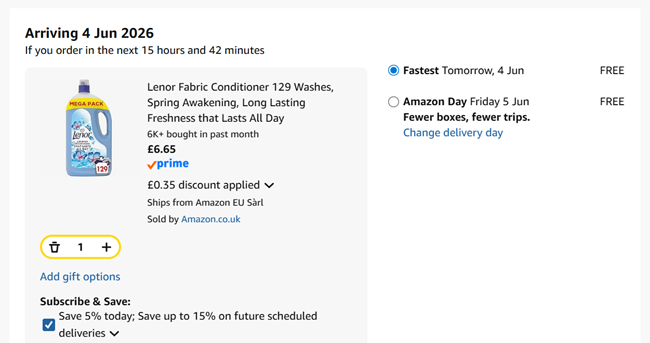 Screenshot showing Lenor Fabric Conditioner 129 Washes for £6.65 at Amazon