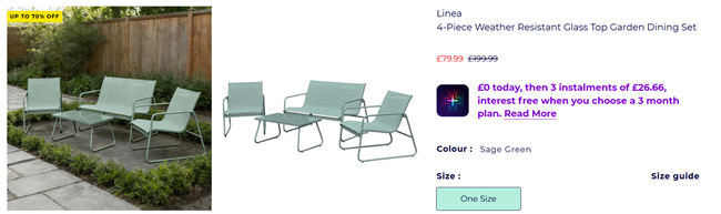 Screenshot showing Linea 4-Piece Weather Resistant Glass Top Garden Dining Set for £79.99 at Studio