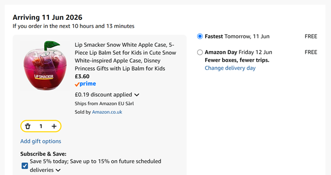 Screenshot showing Lip Smacker Snow White Apple Case 5-Piece Lip Balm Set for £3.60 at Amazon