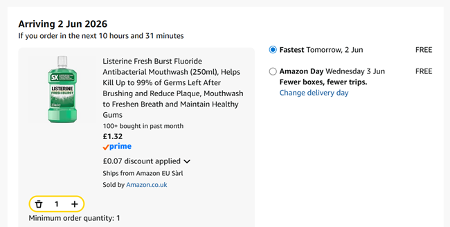 Screenshot showing Listerine Fresh Burst Fluoride Antibacterial Mouthwash 250ml for £1.32 at Amazon