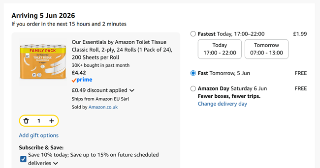 Screenshot showing Our Essentials by Amazon Toilet Tissue Classic Roll, 2-ply, 24 Rolls for £4.42 at Amazon