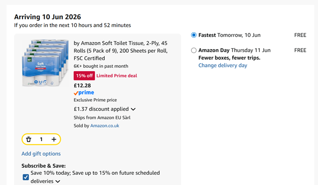 Screenshot showing by Amazon Soft Toilet Tissue, 2-Ply, 45 Rolls for £12.28 at Amazon