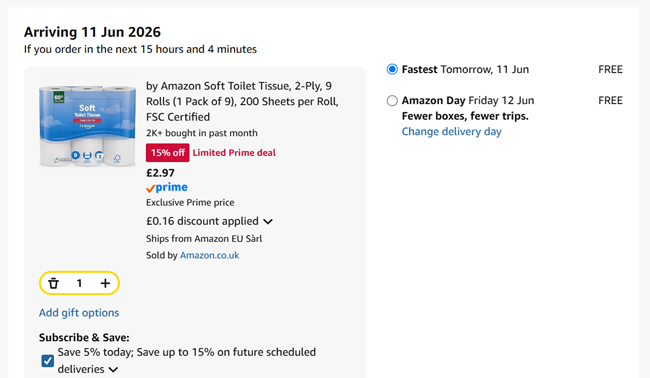 Screenshot showing by Amazon Soft Toilet Tissue, 2-Ply, 9 Rolls for £2.97 at Amazon