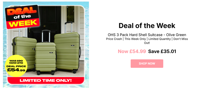 Screenshot showing 4 Wheel Hard Shell Suitcase Olive Green 3 Pack for £54.99 at Online Home Shop