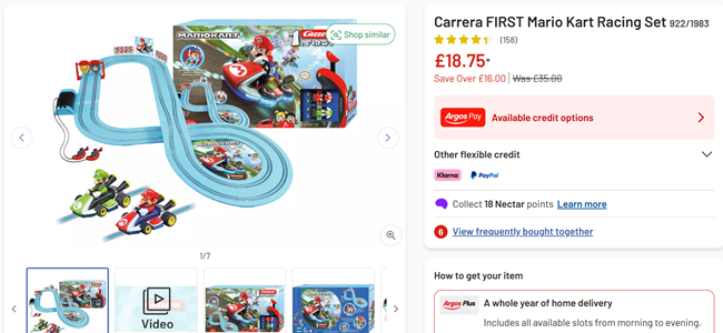 Screenshot showing Carrera First Mario Kart Racing Set for £18.75 at Argos